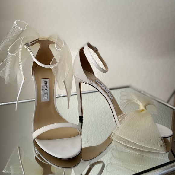 New Jimmy Choo Aveline 100 Latte Sandals Asymmetric Grosgrain Fascinator Bow - Picture 12 of 15